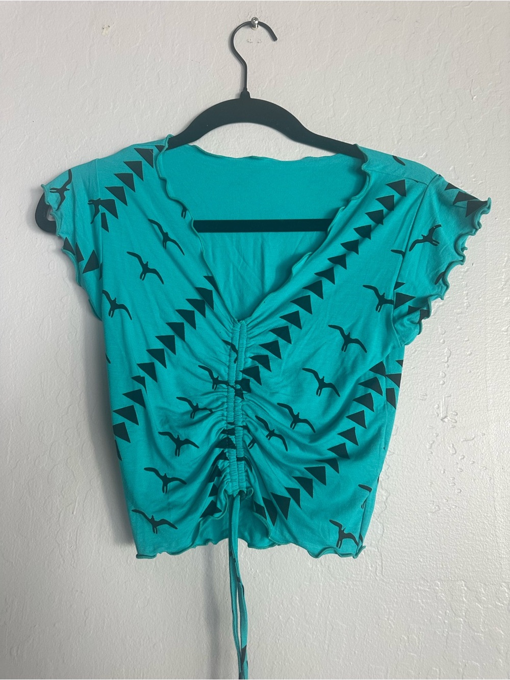 Women’s Teal Ruched V-Neck Top with Black Bird Print
